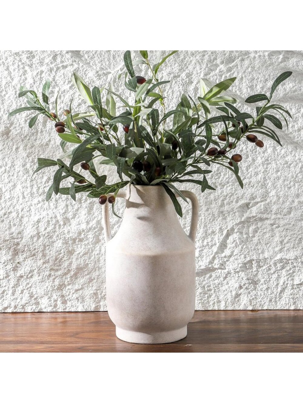 11 inch Off-White Terracotta Farmhouse Ceramic Flower Vase with Handles Home Dec
